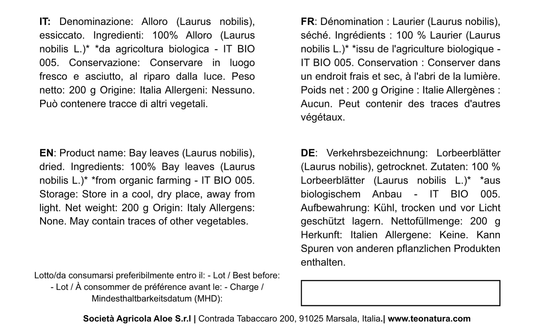 Foglie di Alloro Essiccato Biologico 200 gr