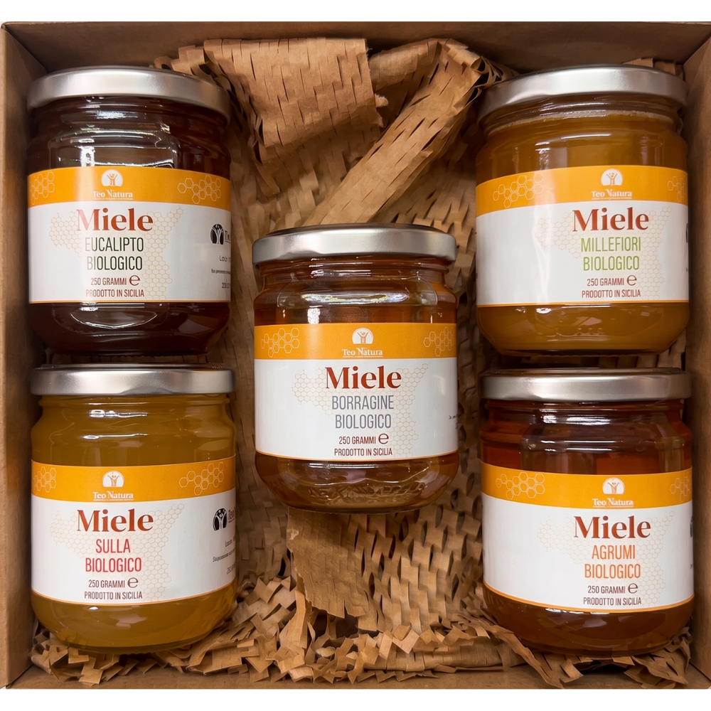 🍯 Box Miele Biologico Siciliano | 5 Varietà Artigianali | Millefiori, Sulla, Agrumi, Eucalipto, Borragine