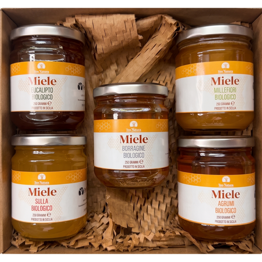 🍯 Box Miele Biologico Siciliano | 5 Varietà Artigianali | Millefiori, Sulla, Agrumi, Eucalipto, Borragine