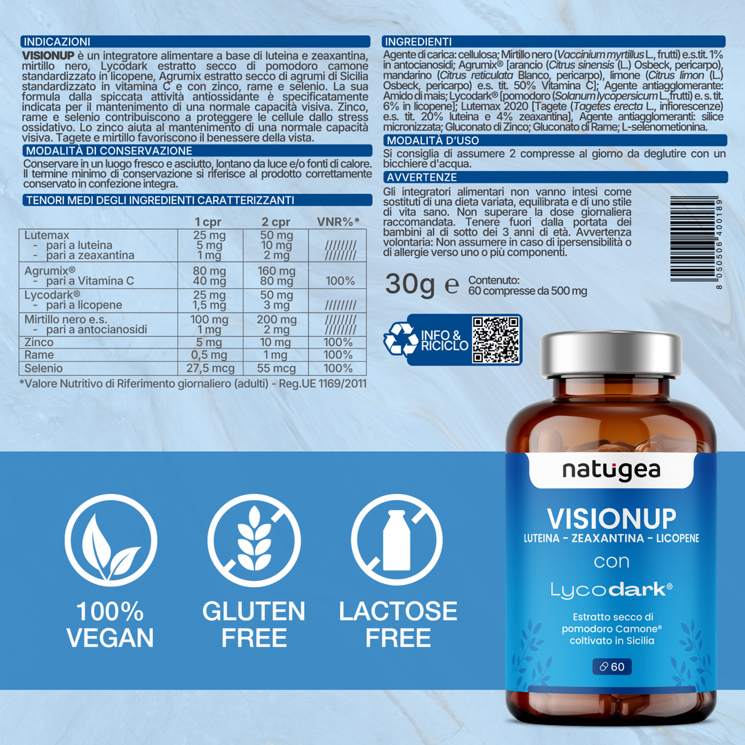 Integratore per la Vista con Luteina, Zinco e Vitamina C – Licopene da Pomodoro Camone e Mirtillo Nero – 60 Compresse
