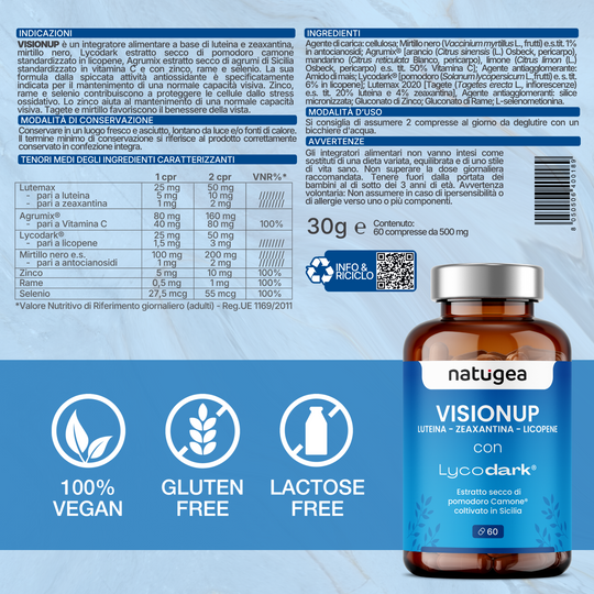 Integratore per la Vista con Luteina, Zinco e Vitamina C – Licopene da Pomodoro Camone e Mirtillo Nero – 60 Compresse